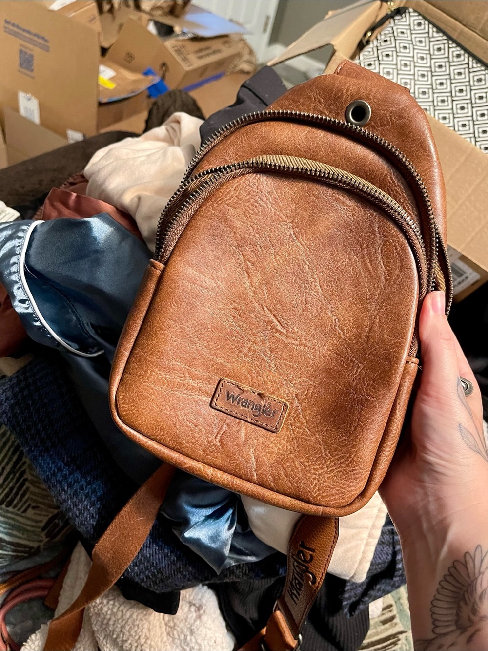 Wrangler Brown Leather Sling Crossbody Bag